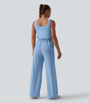 U Neck Scoop Back Drawstring Casual Jumpsuit with Pockets