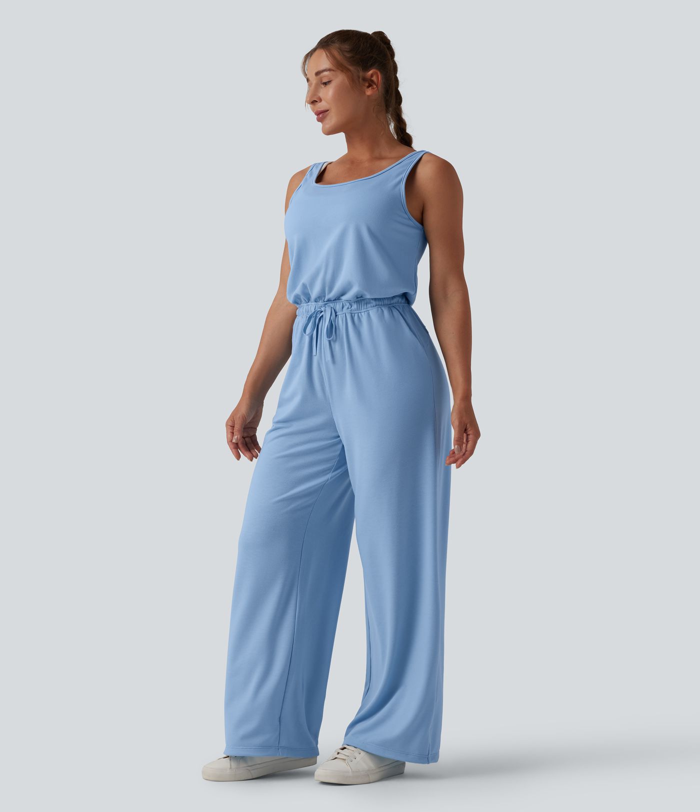 U Neck Scoop Back Drawstring Casual Jumpsuit with Pockets