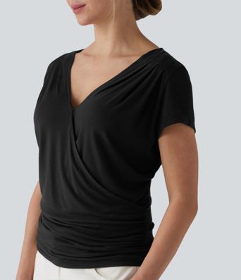Ribbed V-neck Short Sleeve Snap Button Crossover Ruched Casual Heathered Top Ribbed V-neck Short Sleeve Snap Button Crossover Ruched Casual Heathered Top