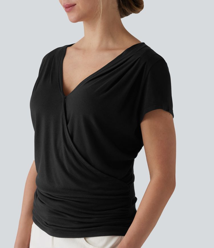 Ribbed V-neck Short Sleeve Snap Button Crossover Ruched Casual Heathered Top Ribbed V-neck Short Sleeve Snap Button Crossover Ruched Casual Heathered Top