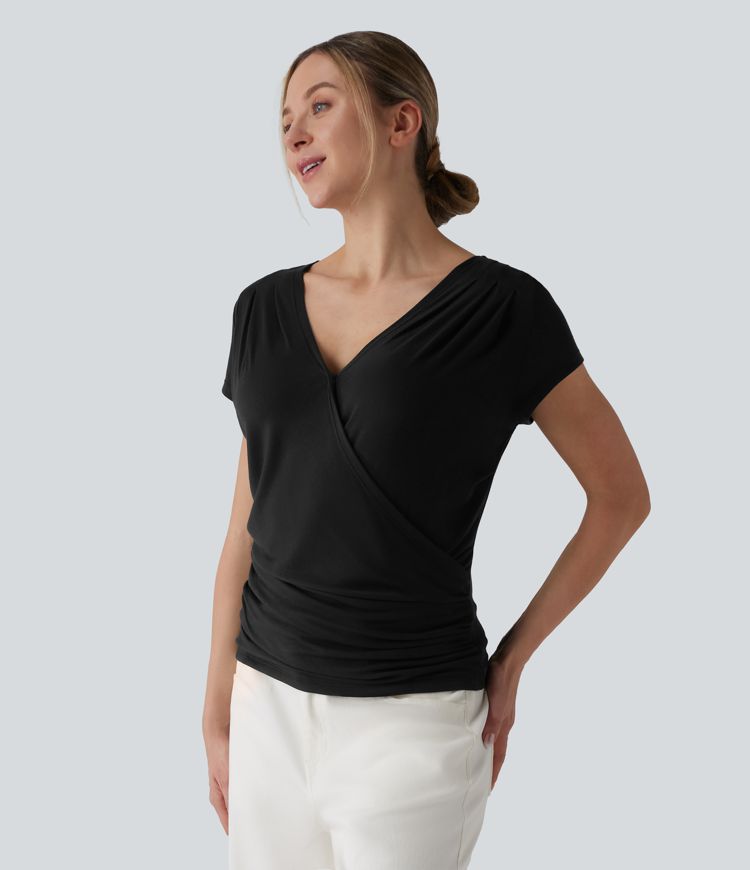 Ribbed V-neck Short Sleeve Snap Button Crossover Ruched Casual Heathered Top Ribbed V-neck Short Sleeve Snap Button Crossover Ruched Casual Heathered Top