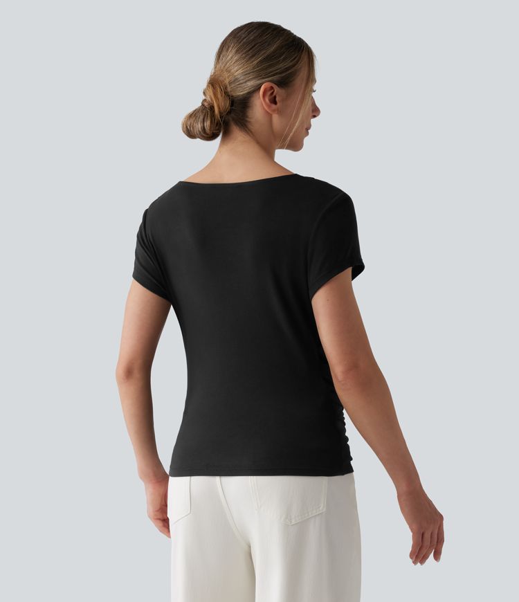 Ribbed V-neck Short Sleeve Snap Button Crossover Ruched Casual Heathered Top Ribbed V-neck Short Sleeve Snap Button Crossover Ruched Casual Heathered Top