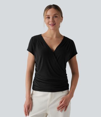 Ribbed V-neck Short Sleeve Snap Button Crossover Ruched Casual Heathered Top Ribbed V-neck Short Sleeve Snap Button Crossover Ruched Casual Heathered Top