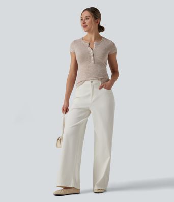 Semi Sheer Heathered Henley Neck Short Sleeve Casual T-Shirt