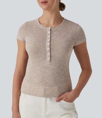 Semi Sheer Heathered Henley Neck Short Sleeve Casual T-Shirt