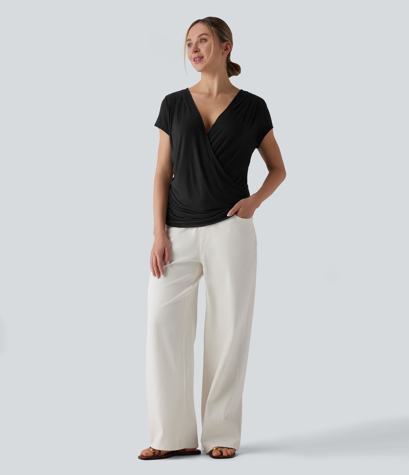 Ribbed V-neck Short Sleeve Snap Button Crossover Ruched Casual Heathered Top Ribbed V-neck Short Sleeve Snap Button Crossover Ruched Casual Heathered Top
