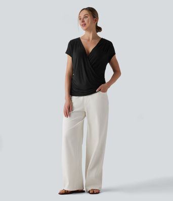 Ribbed V-neck Short Sleeve Snap Button Crossover Ruched Casual Heathered Top Ribbed V-neck Short Sleeve Snap Button Crossover Ruched Casual Heathered Top