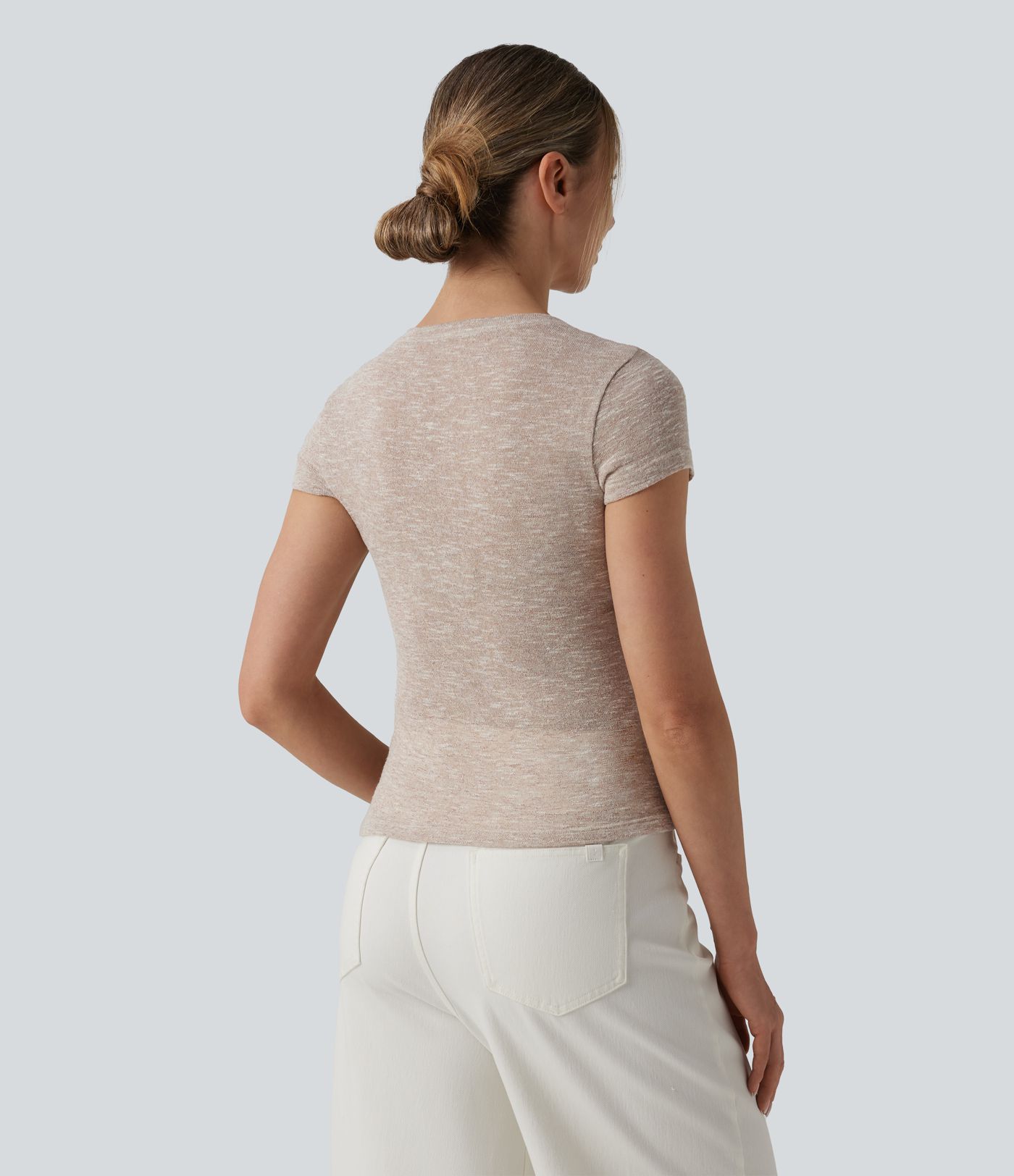 Semi Sheer Heathered Henley Neck Short Sleeve Casual T-Shirt