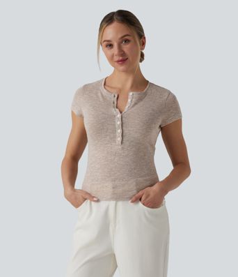 Semi Sheer Heathered Henley Neck Short Sleeve Casual T-Shirt