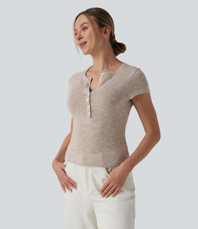 Semi Sheer Heathered Henley Neck Short Sleeve Casual T-Shirt