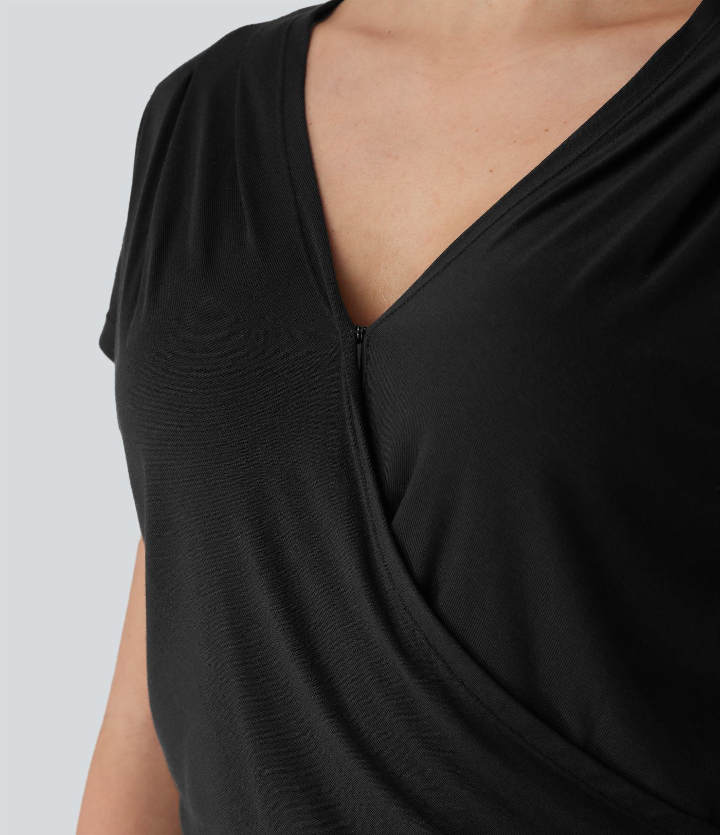 Ribbed V-neck Short Sleeve Snap Button Crossover Ruched Casual Heathered Top Ribbed V-neck Short Sleeve Snap Button Crossover Ruched Casual Heathered Top