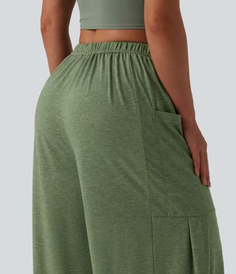 Pantalones casual jaspeados de tiro medio con cordón, pernera ancha y bolsillos