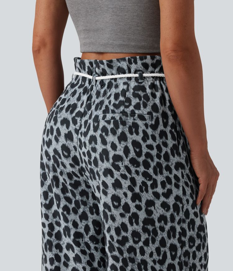 High Waisted Tie Front Wide Leg Leopard Print Waffle Casual Pants with Pockets High Waisted Tie Front Wide Leg Leopard Print Waffle Casual Pants with Pockets