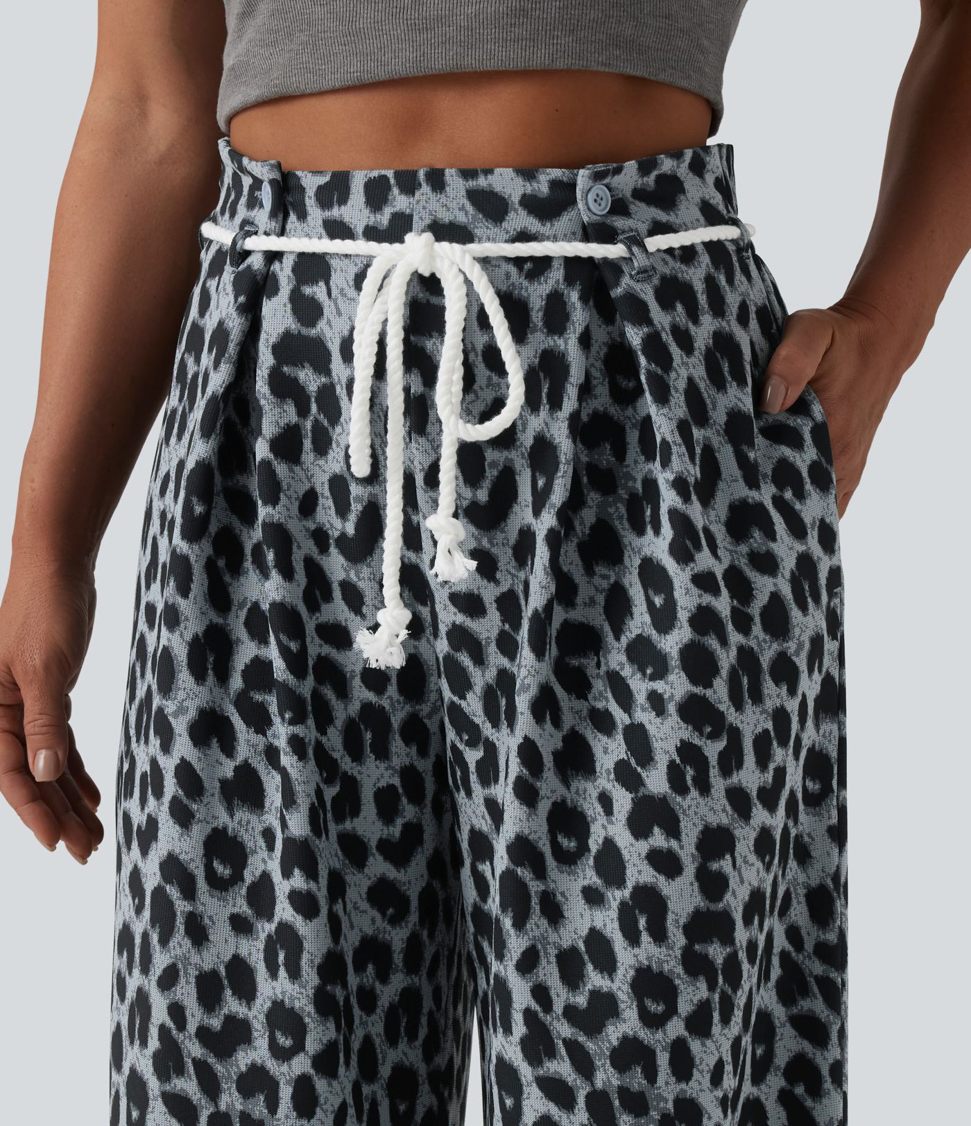High Waisted Tie Front Wide Leg Leopard Print Waffle Casual Pants with Pockets High Waisted Tie Front Wide Leg Leopard Print Waffle Casual Pants with Pockets