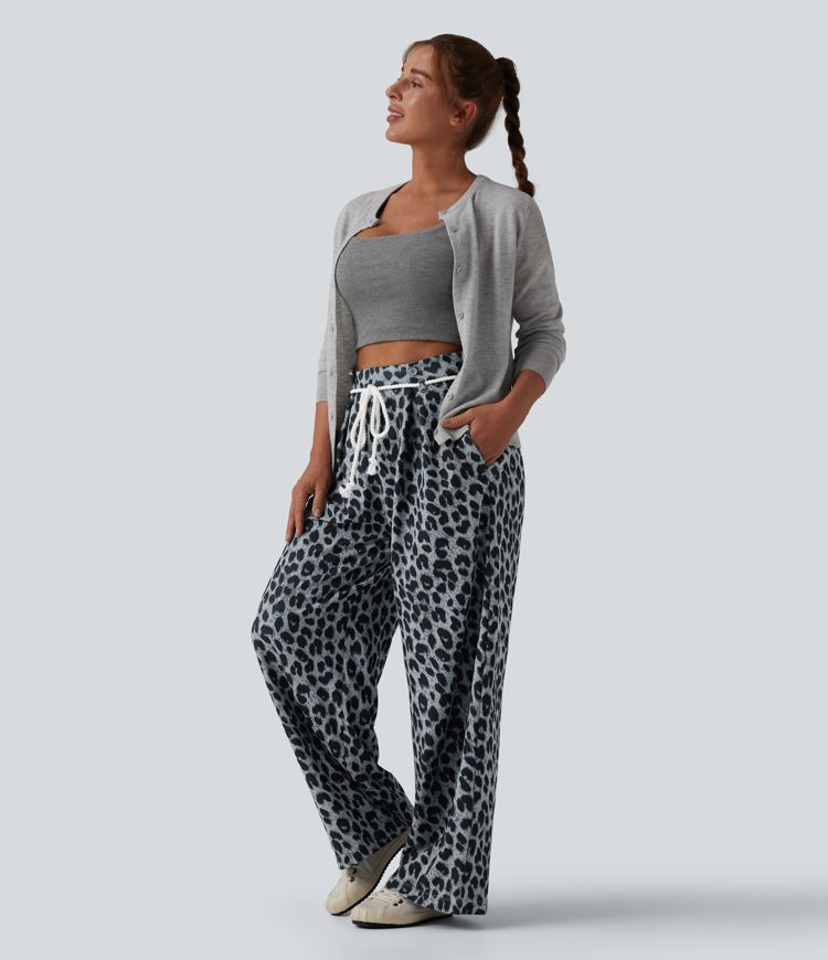 High Waisted Tie Front Wide Leg Leopard Print Waffle Casual Pants with Pockets High Waisted Tie Front Wide Leg Leopard Print Waffle Casual Pants with Pockets