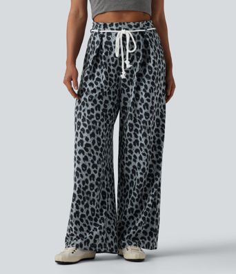 High Waisted Tie Front Wide Leg Leopard Print Waffle Casual Pants with Pockets High Waisted Tie Front Wide Leg Leopard Print Waffle Casual Pants with Pockets