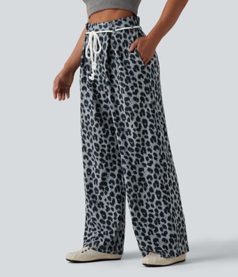 High Waisted Tie Front Wide Leg Leopard Print Waffle Casual Pants with Pockets High Waisted Tie Front Wide Leg Leopard Print Waffle Casual Pants with Pockets