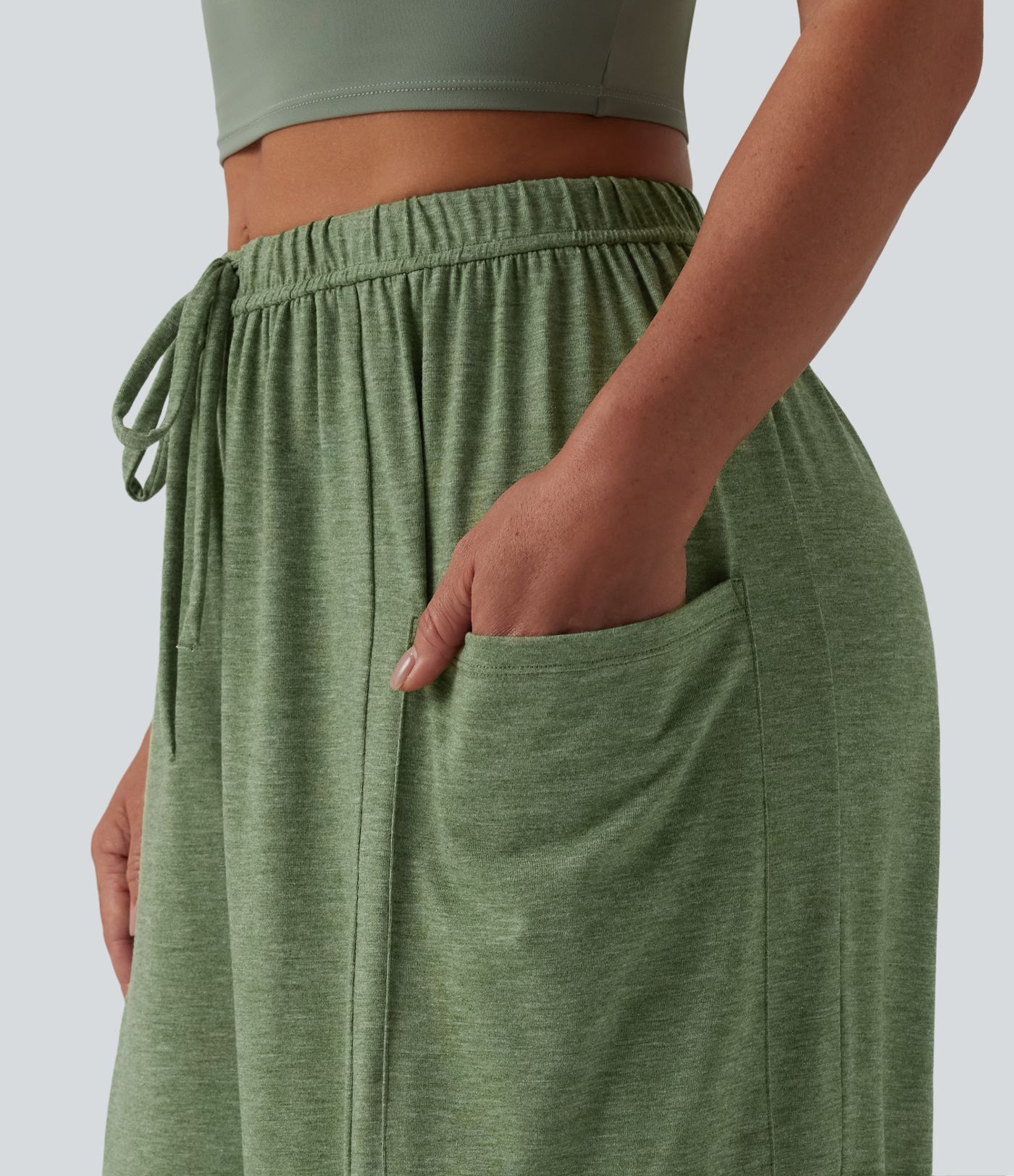 Pantalones casual jaspeados de tiro medio con cordón, pernera ancha y bolsillos