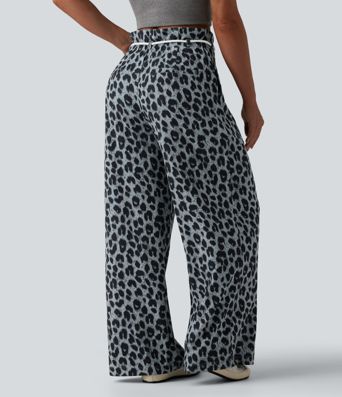 High Waisted Tie Front Wide Leg Leopard Print Waffle Casual Pants with Pockets High Waisted Tie Front Wide Leg Leopard Print Waffle Casual Pants with Pockets