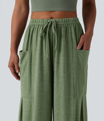 Pantalones casual jaspeados de tiro medio con cordón, pernera ancha y bolsillos