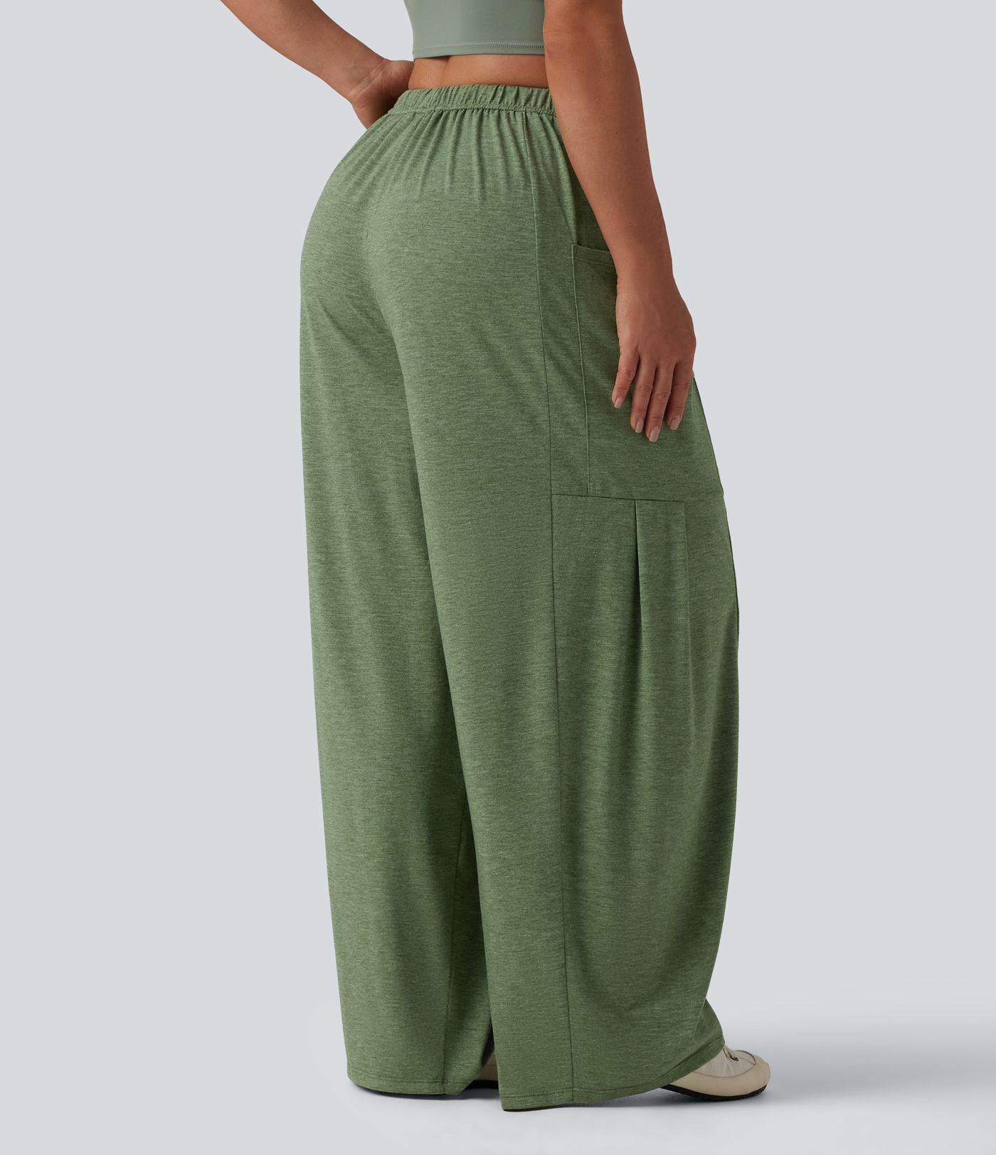 Pantalones casual jaspeados de tiro medio con cordón, pernera ancha y bolsillos