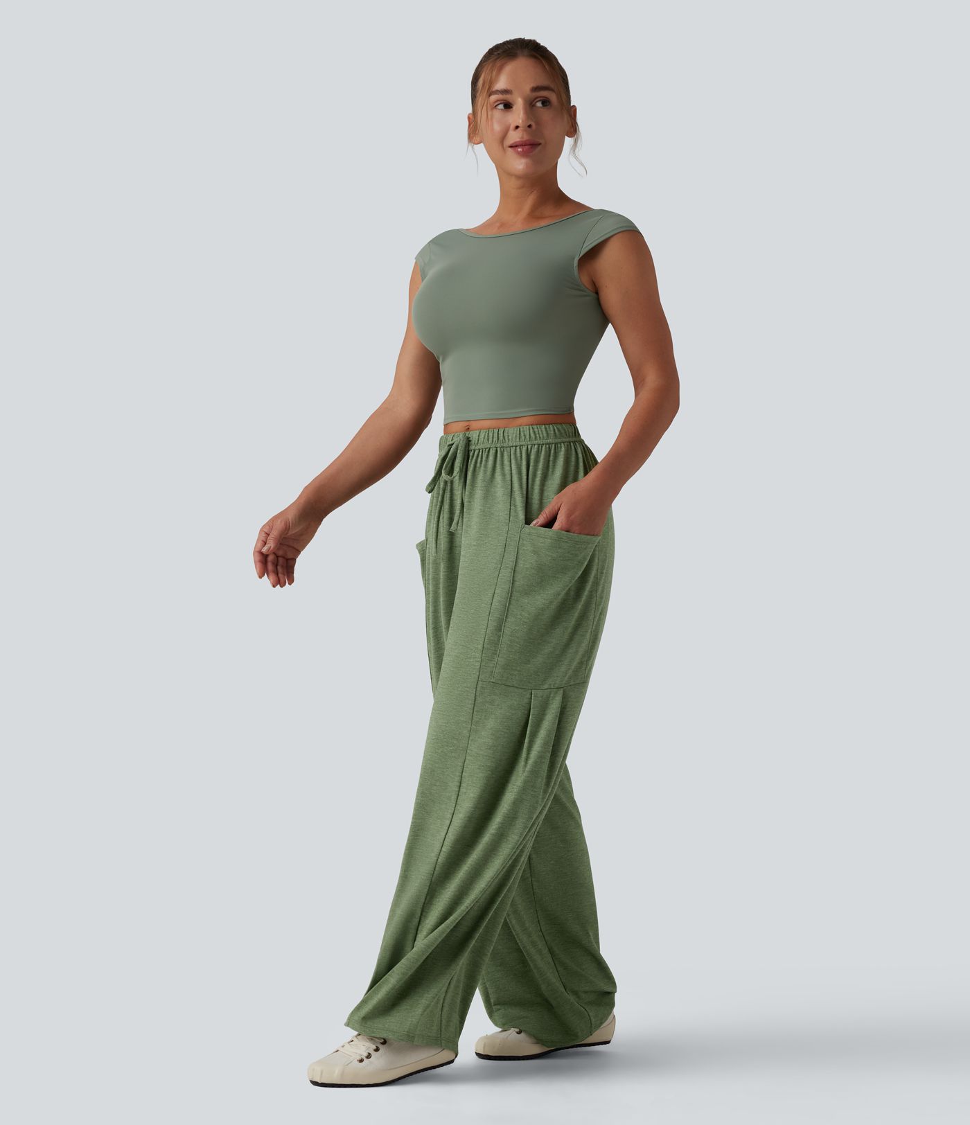 Pantalones casual jaspeados de tiro medio con cordón, pernera ancha y bolsillos