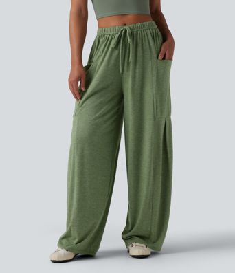 Pantalones casual jaspeados de tiro medio con cordón, pernera ancha y bolsillos