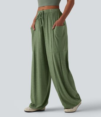 Pantalones casual jaspeados de tiro medio con cordón, pernera ancha y bolsillos