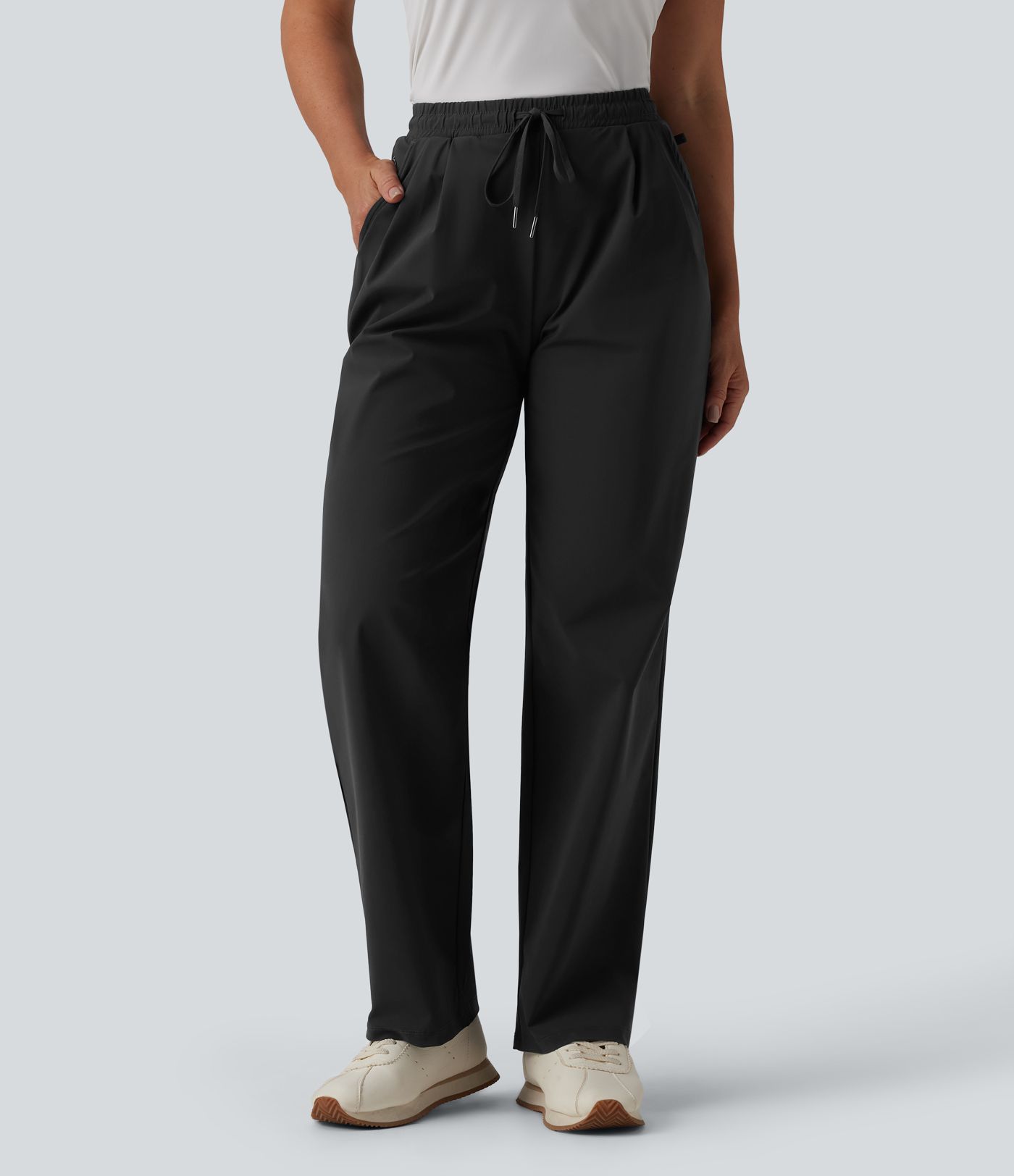 High Waisted Drawstring Straight Leg Quick Dry Golf Pants with Pockets
