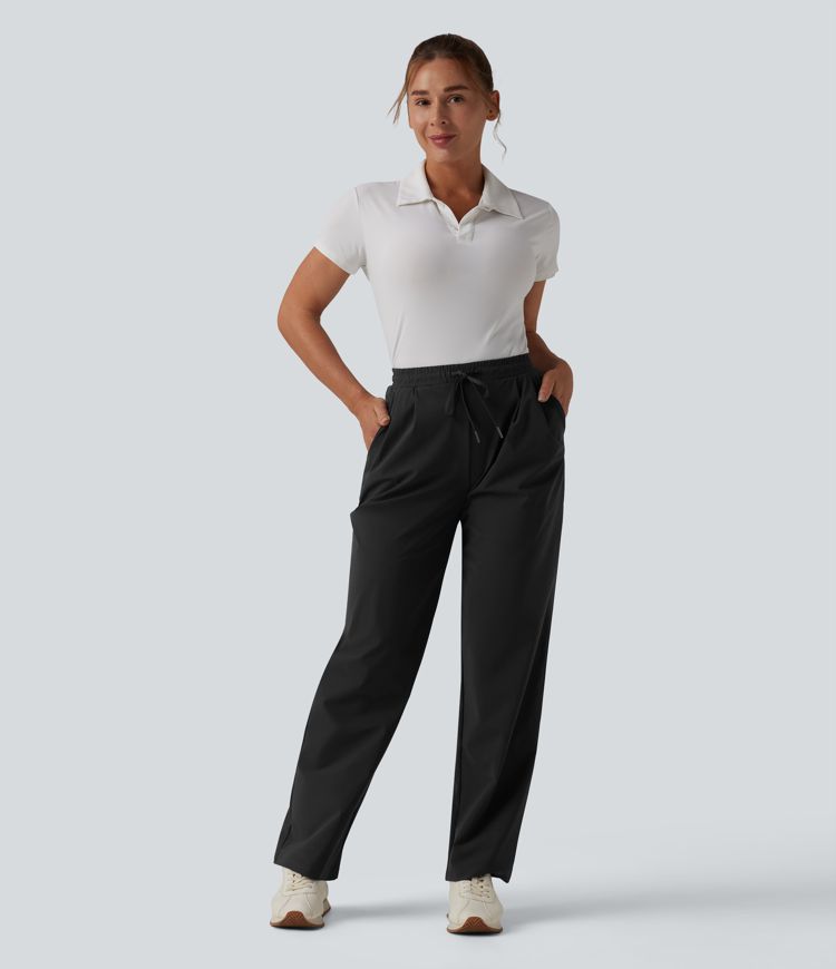 High Waisted Drawstring Straight Leg Quick Dry Golf Pants with Pockets