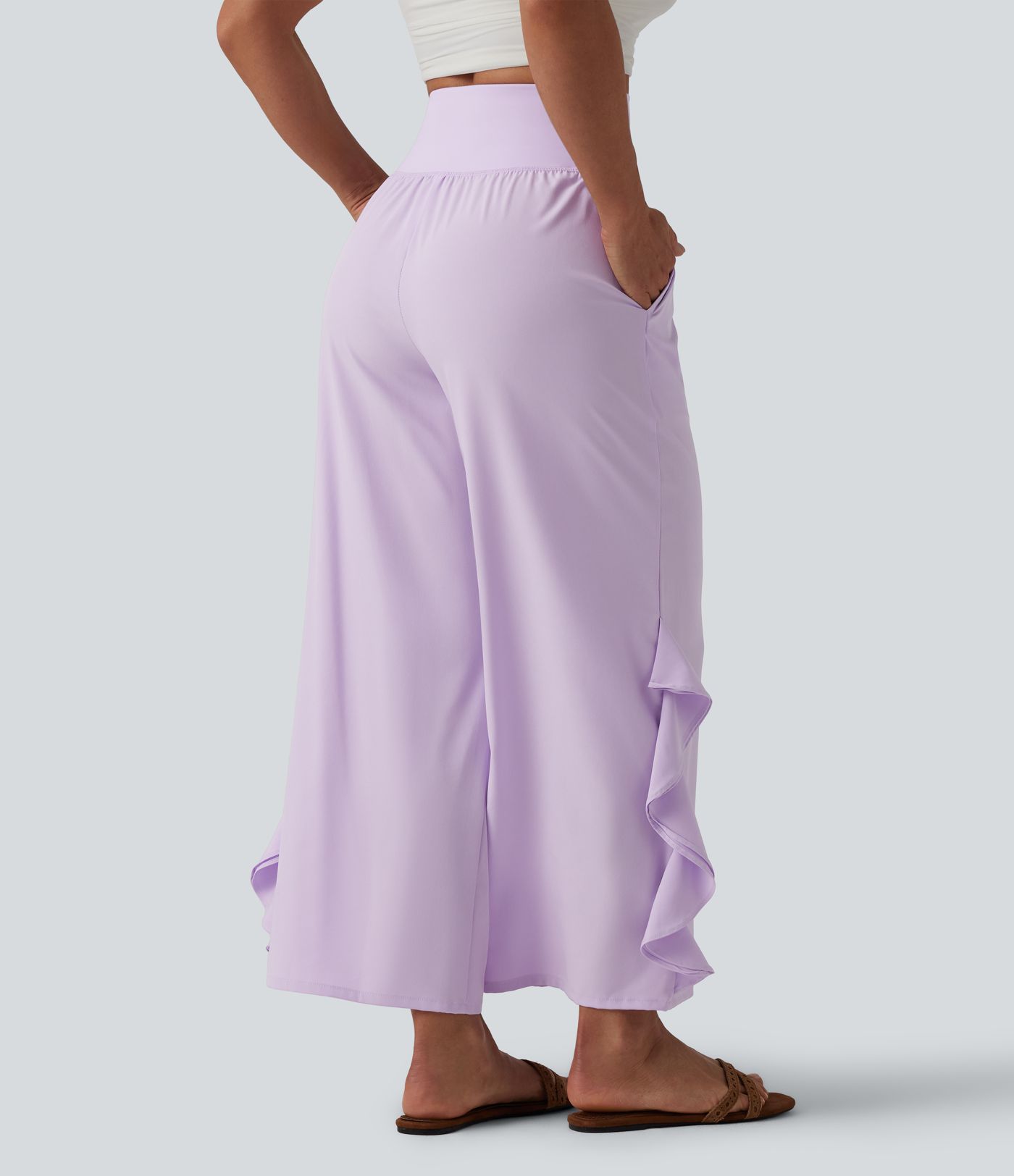 Breezeful™ High Waisted Ruffle Wide Leg Quick Dry Pants with Pockets