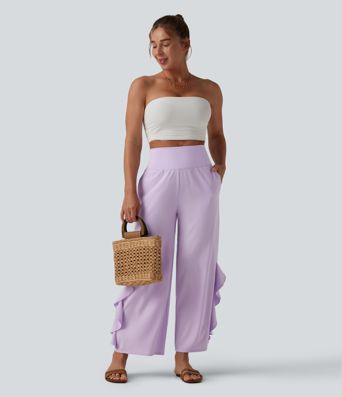Breezeful™ High Waisted Ruffle Wide Leg Quick Dry Pants with Pockets