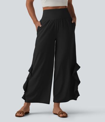 Breezeful™ High Waisted Ruffle Wide Leg Quick Dry Pants with Pockets