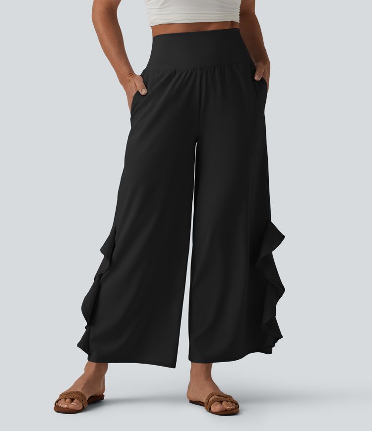 Breezeful™ High Waisted Ruffle Wide Leg Quick Dry Pants with Pockets