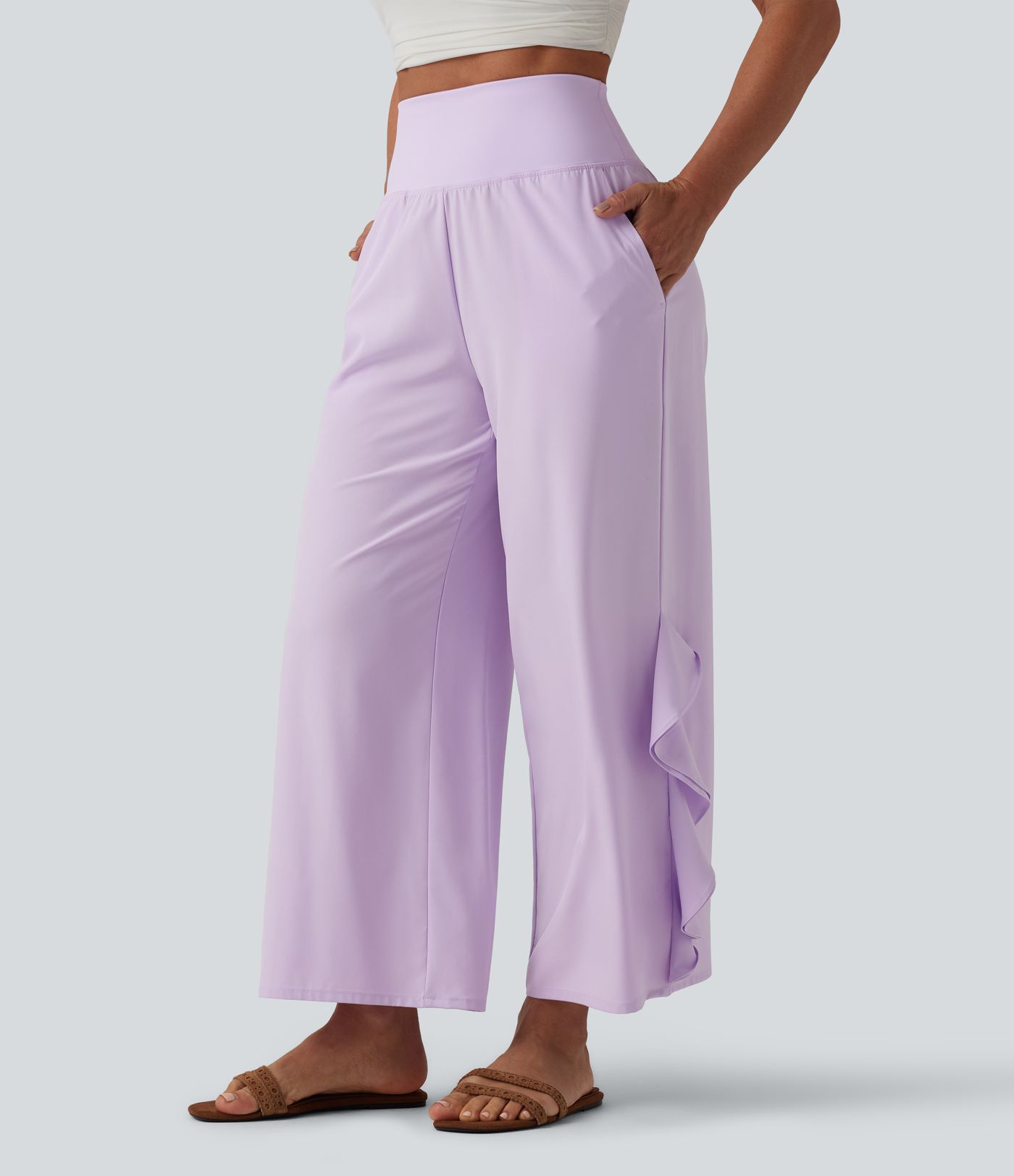 Breezeful™ High Waisted Ruffle Wide Leg Quick Dry Pants with Pockets