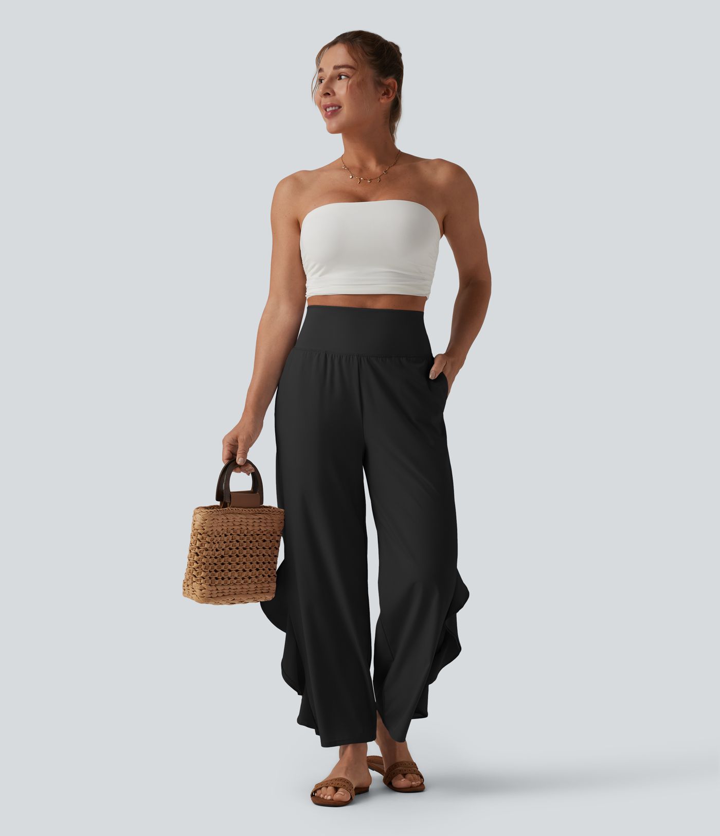 Breezeful™ High Waisted Ruffle Wide Leg Quick Dry Pants with Pockets