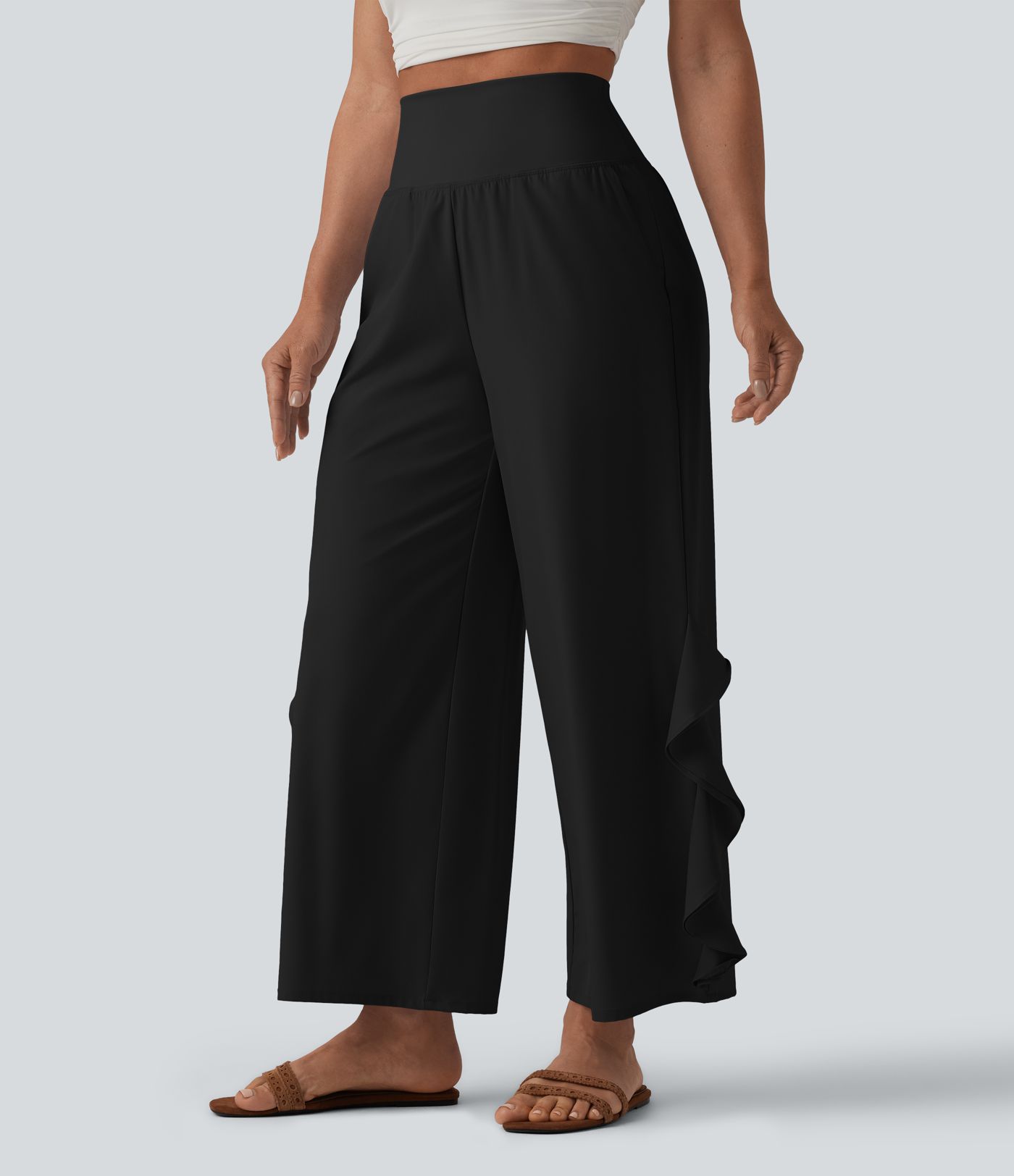 Breezeful™ High Waisted Ruffle Wide Leg Quick Dry Pants with Pockets