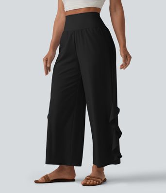 Breezeful™ High Waisted Ruffle Wide Leg Quick Dry Pants with Pockets