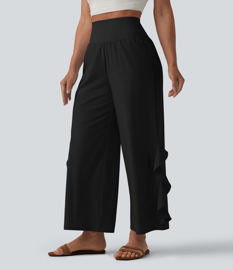 Breezeful™ High Waisted Ruffle Wide Leg Quick Dry Pants with Pockets