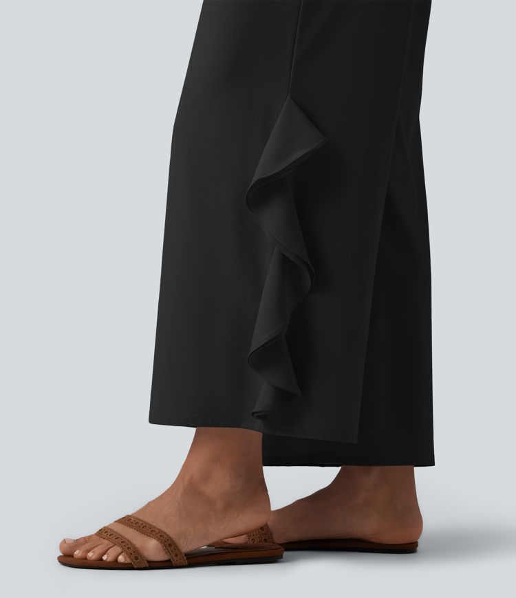 Breezeful™ High Waisted Ruffle Wide Leg Quick Dry Pants with Pockets