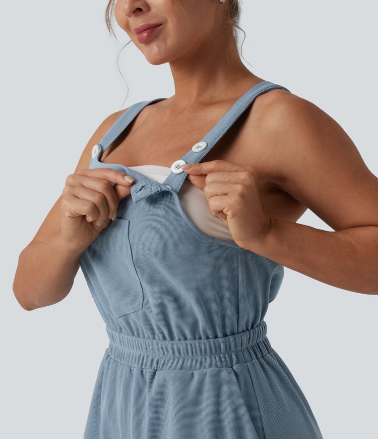 Wide Leg Waffle Casual Overalls with Pockets