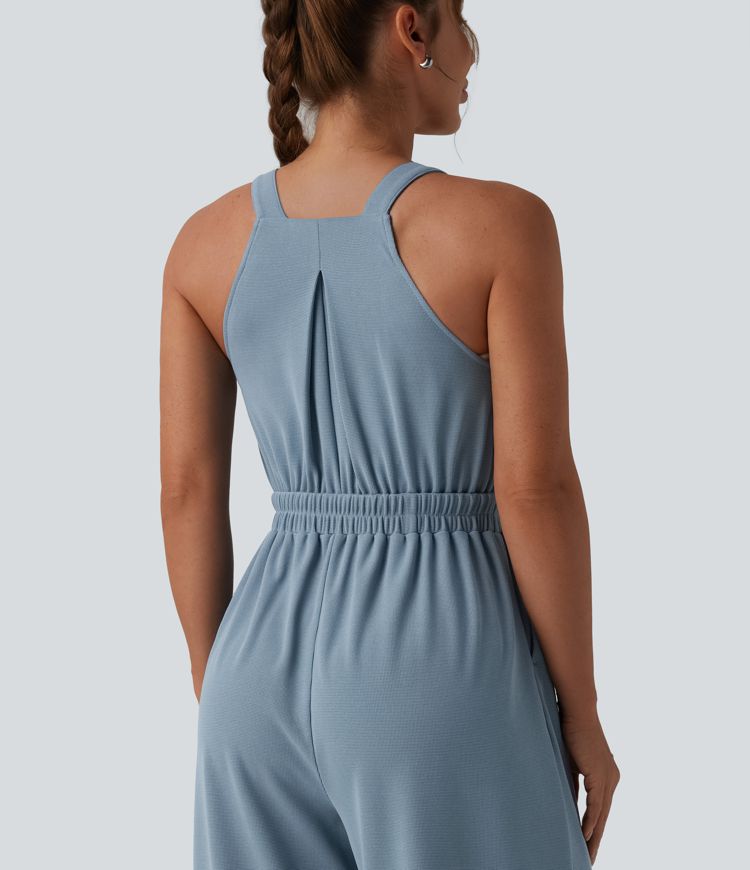 Wide Leg Waffle Casual Overalls with Pockets