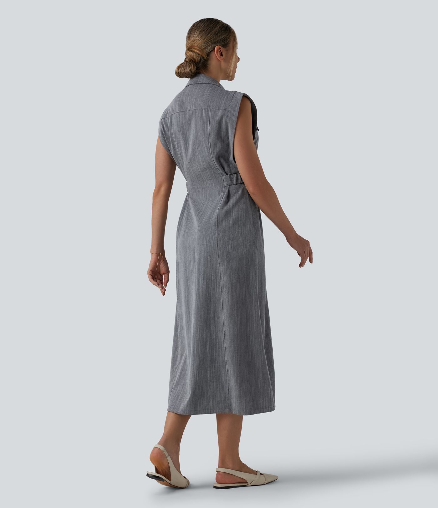 Sleeveless Midi Work Linen-Feel Shirt Dress