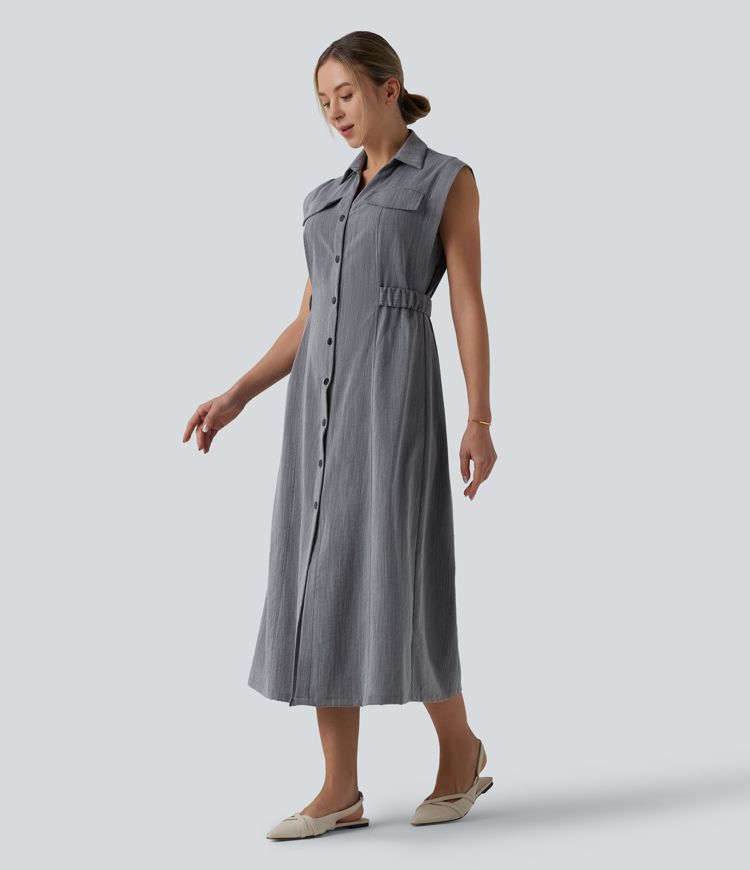 Sleeveless Midi Work Linen-Feel Shirt Dress
