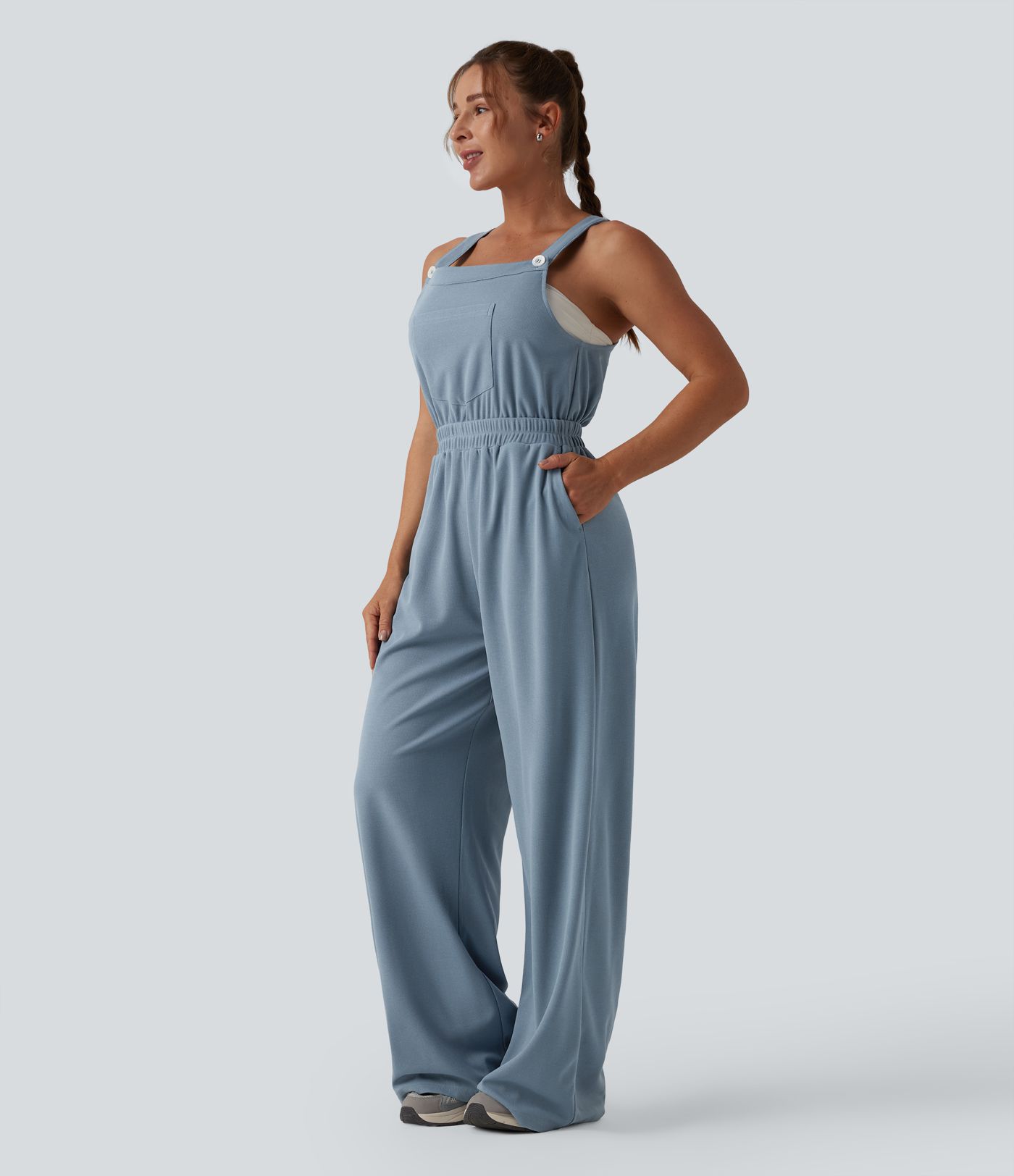Wide Leg Waffle Casual Overalls with Pockets