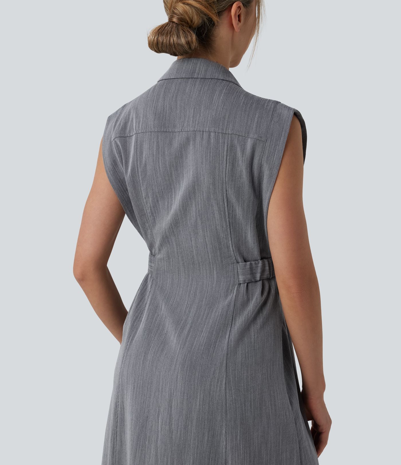 Sleeveless Midi Work Linen-Feel Shirt Dress