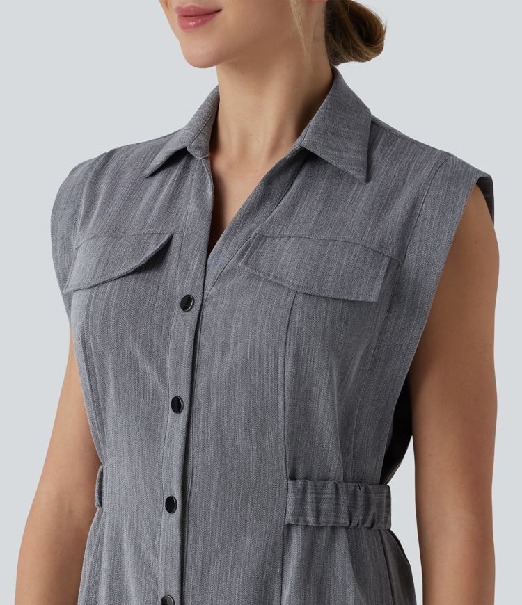 Sleeveless Midi Work Linen-Feel Shirt Dress