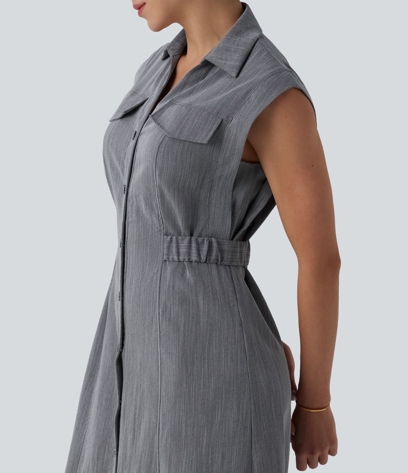 Sleeveless Midi Work Linen-Feel Shirt Dress