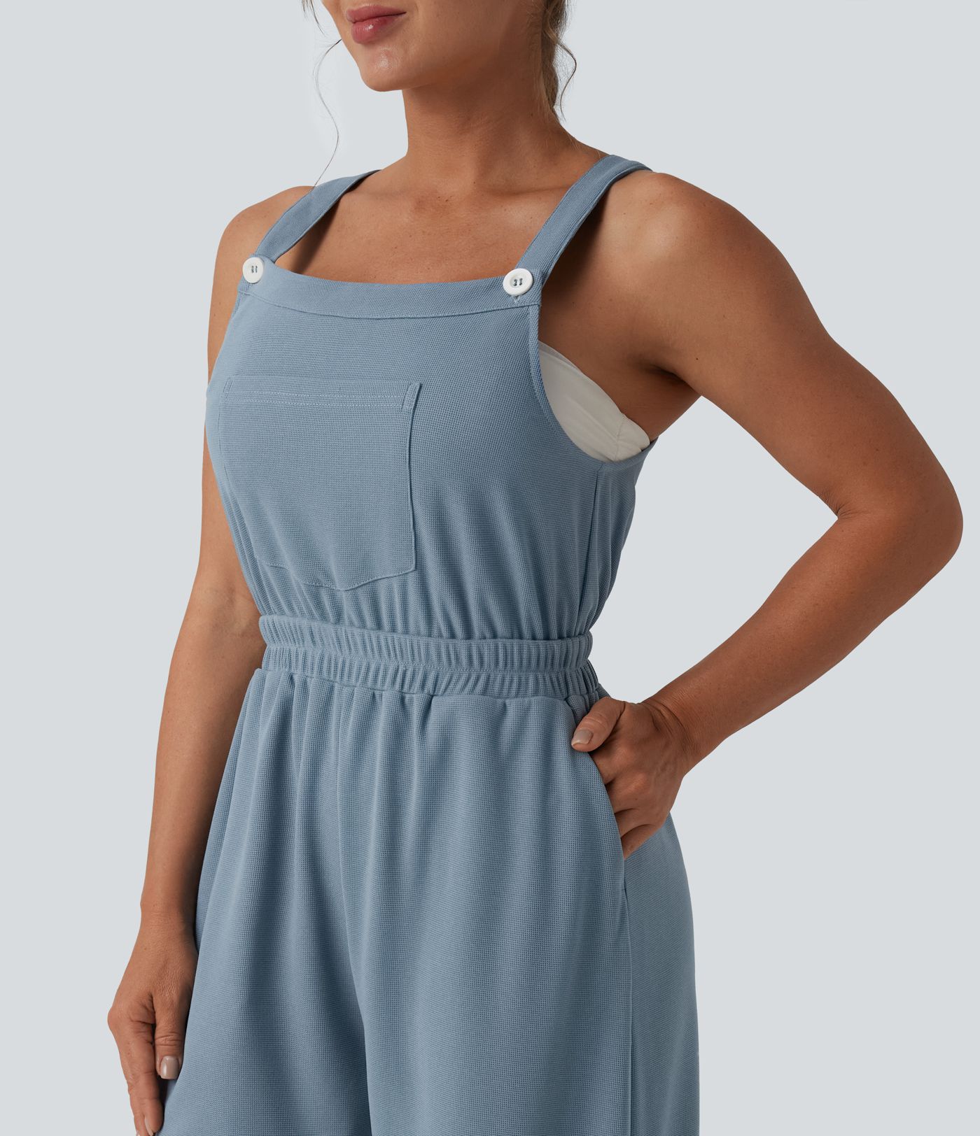 Wide Leg Waffle Casual Overalls with Pockets