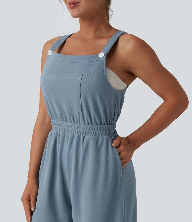 Wide Leg Waffle Casual Overalls with Pockets
